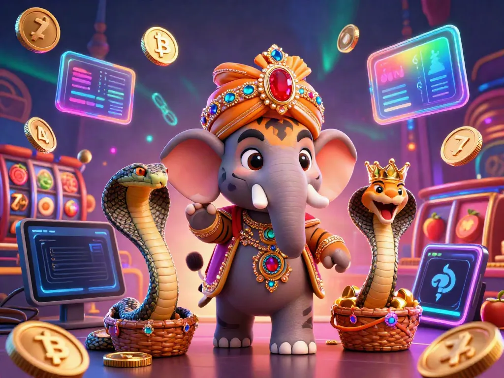 Experience the thrill of 33win Casino with a vibrant illustration featuring a majestic tiger, elephant, and cryptocurrency elements.