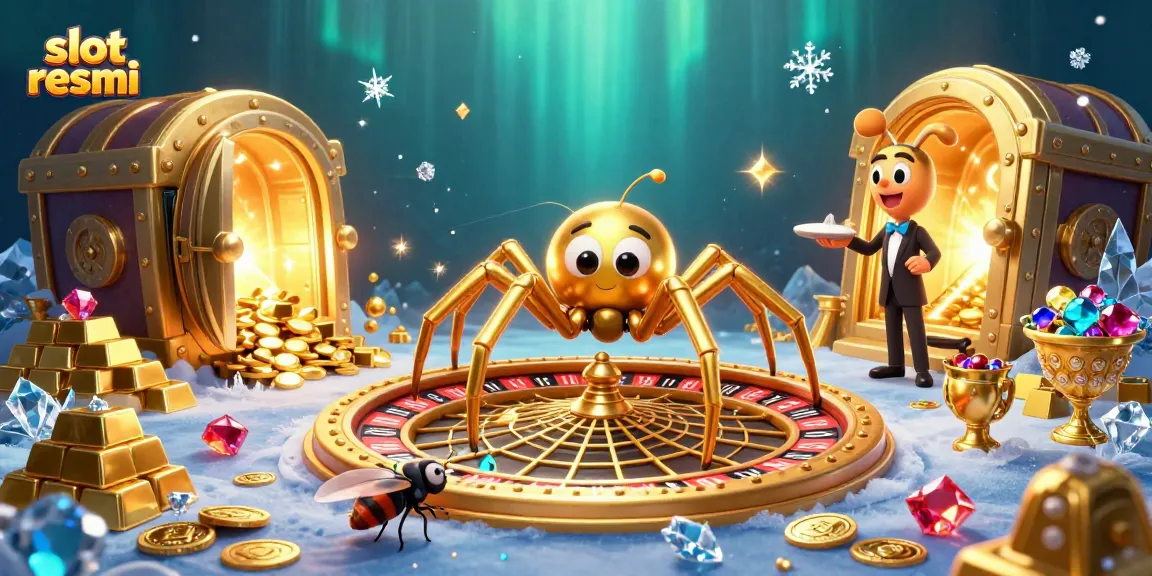Experience the thrill of slot resmi with a cartoon spider and centipede croupier in a vibrant casino setting.
