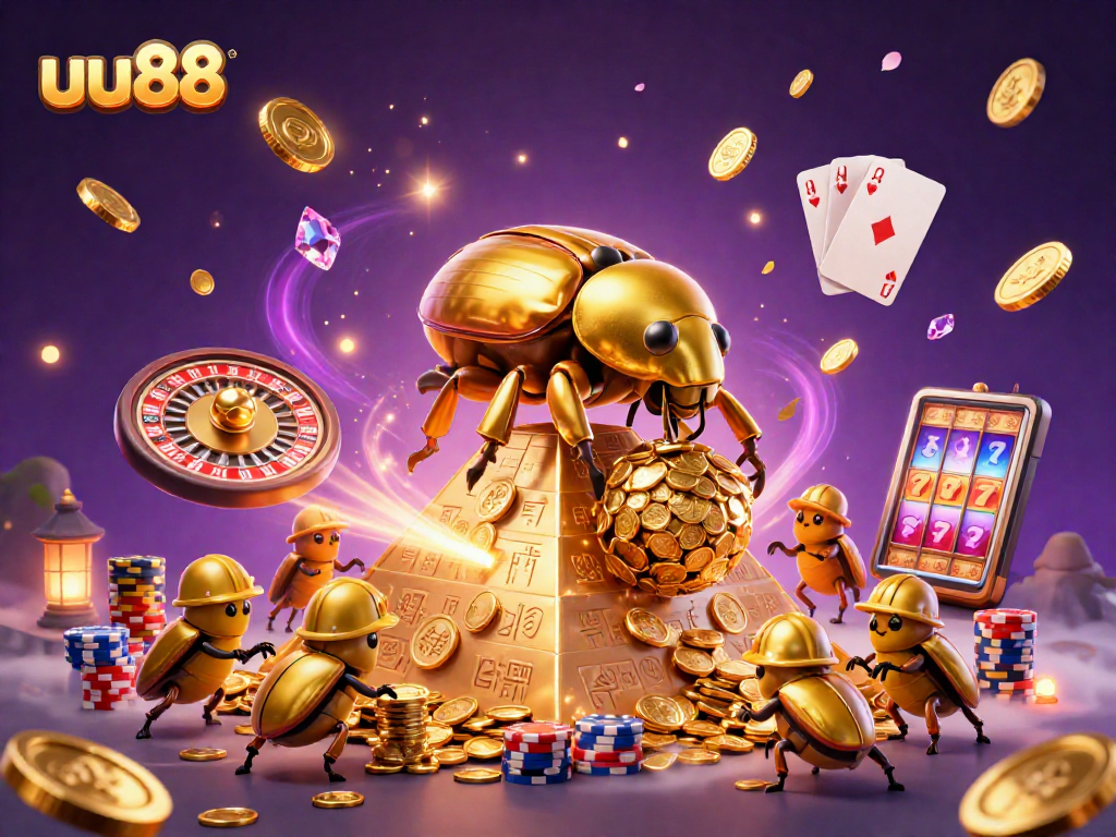 Spin to win with uu88 as a golden beetle rolls in a dazzling casino scene filled with rewards.