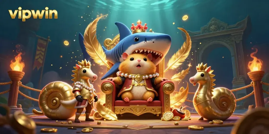 Experience VIPWIN’s vibrant gaming world with a golden hamster king amidst dramatic casino elements.