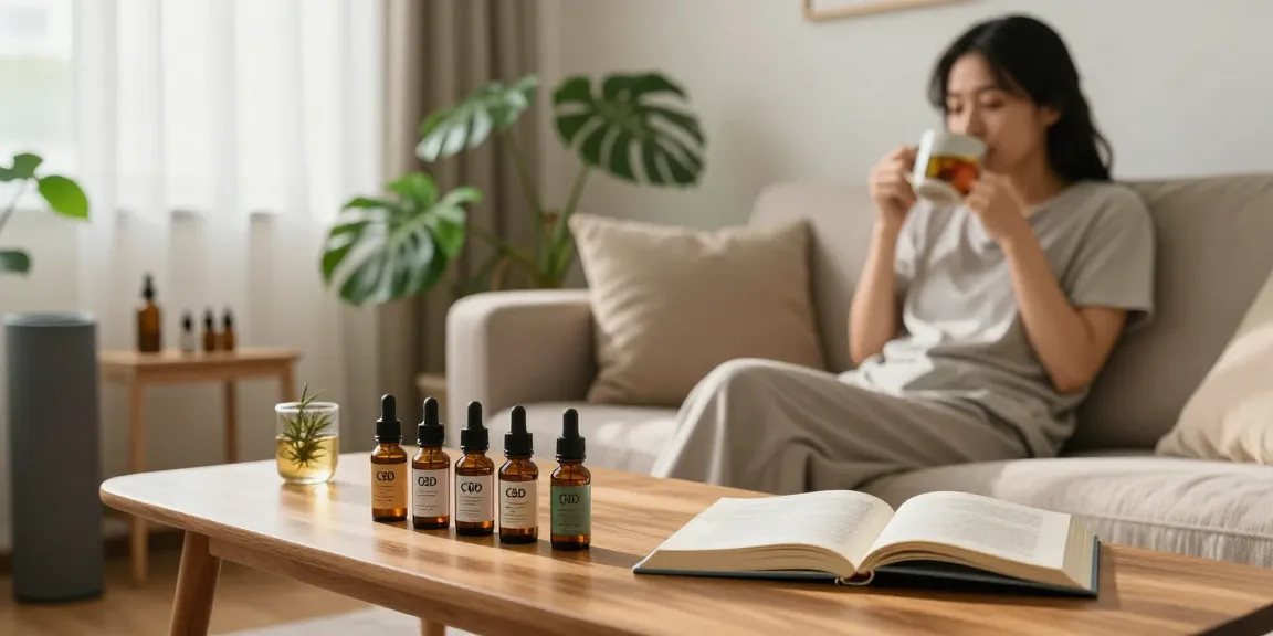 Ministry of Cannabis CBD oil bottles in a peaceful living room setting, enhancing wellness with natural products.