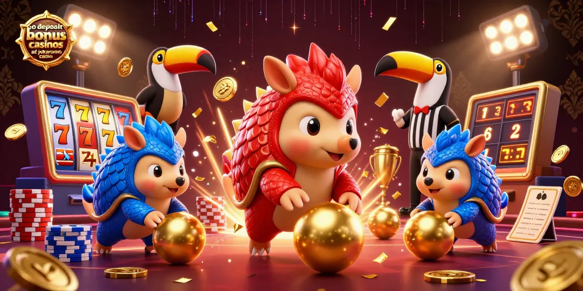 No deposit bonus casinos at jokaroom casino feature pangolins in action with a festive casino backdrop.