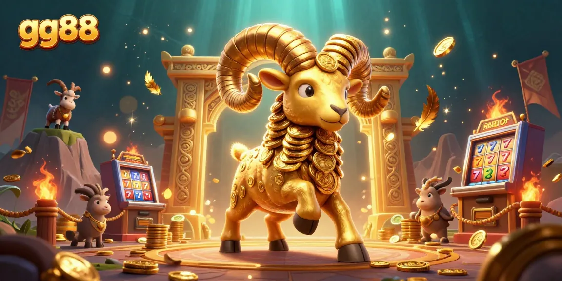 Experience the thrill of gg88's slots with a dynamic scene featuring a golden ram amidst a vibrant casino environment.