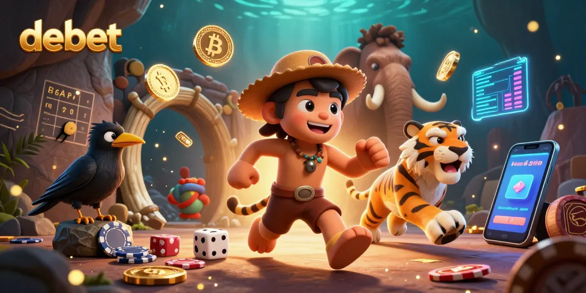 Engage with the debet casino experience featuring a caveman, sabertooth tiger, and crypto elements in a lively prehistoric setting.