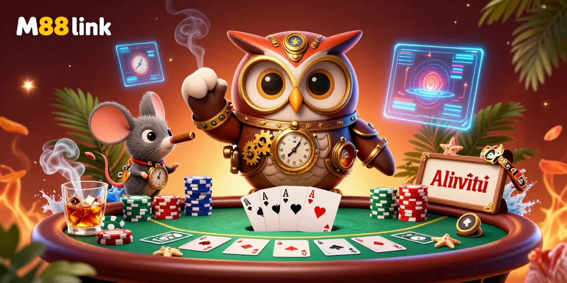 Engage with thrilling M88 link action in this dynamic 3D casino scene featuring poker elements and unique characters.