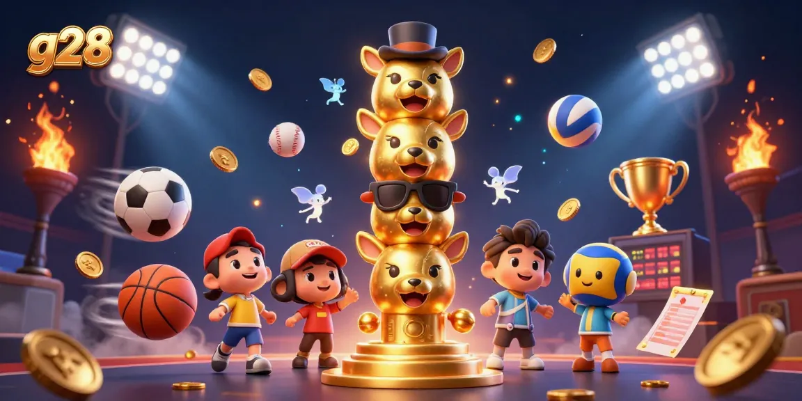 Bet on g28 with animated cartoon characters amid sports elements and vibrant casino motifs.