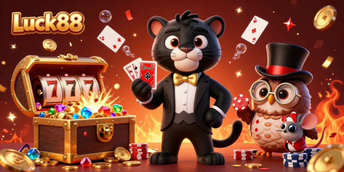 Experience the thrill of Luck88 with vibrant characters and slot game elements in a colorful celebration.