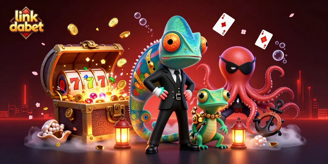 Engage in fun with link dabet as a chameleon, gecko, and octopus explore a vibrant slot game scene.