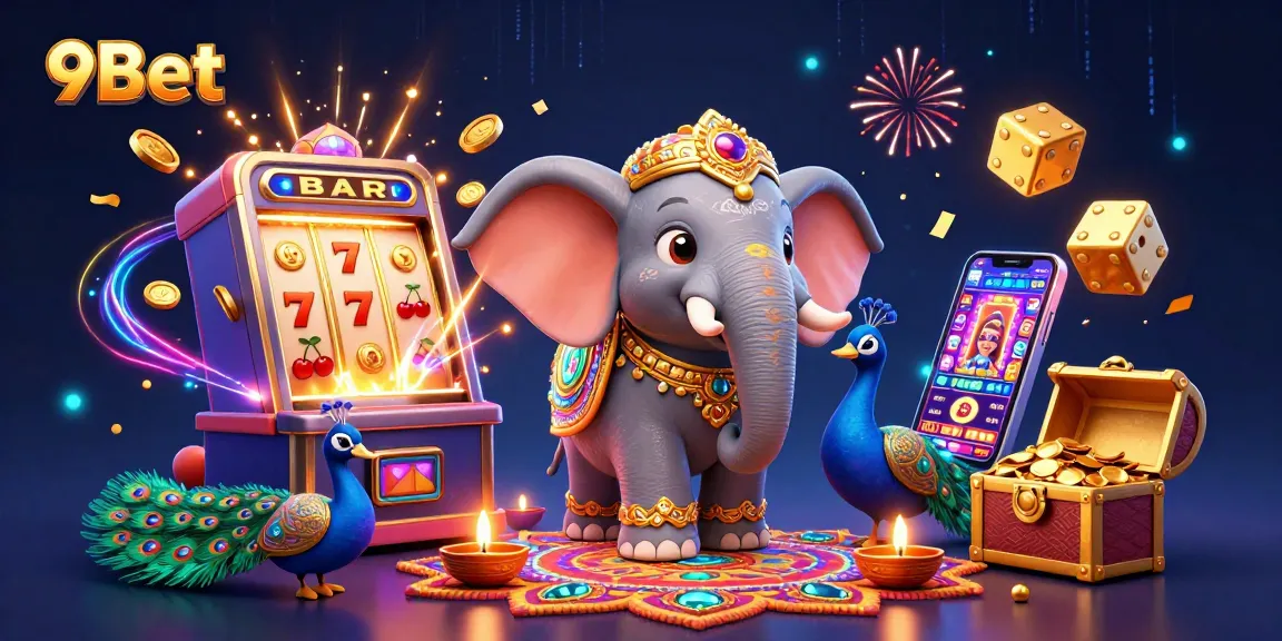 Experience vibrant excitement at 9Bet's colorful casino scene with a jackpot bursting slot machine.