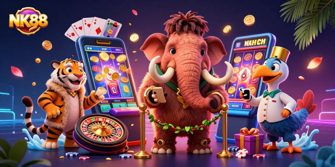 Experience thrilling entertainment with NK88: a vibrant 3D casino scene featuring engaging games and colorful characters.