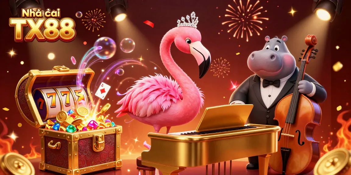 Engage in thrilling gameplay at Nhà cái TX88 with a vibrant casino scene featuring cartoon characters and slot machines.