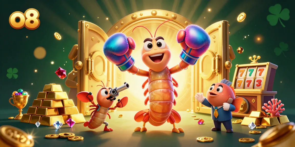 Win big with o8's vibrant casino characters facing a gold treasure vault door.