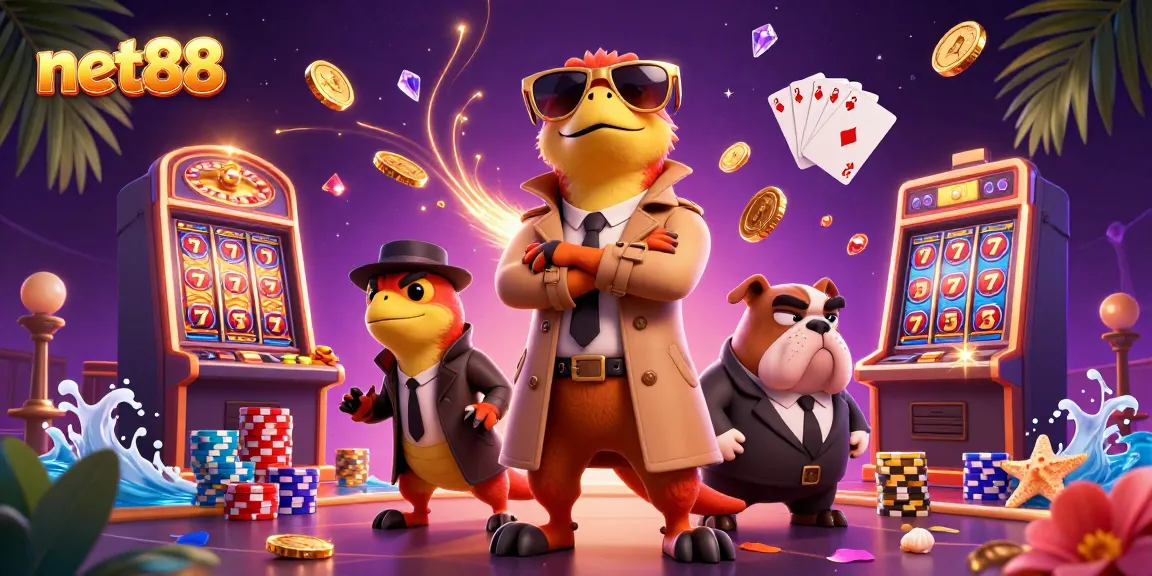 Raptors in a trench coat sneak towards a VIP lounge at net88, surrounded by golden casino elements.