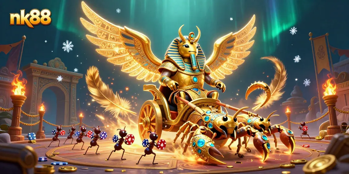 Experience the thrills at nk88 with a dazzling 3D casino scene featuring a golden scarab beetle and scorpions.