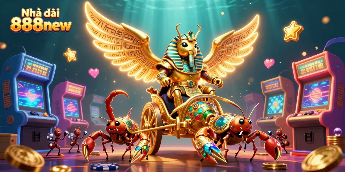 Engage with Nhà cái 888new through an exciting scene of a colossal scarab beetle in a vibrant casino