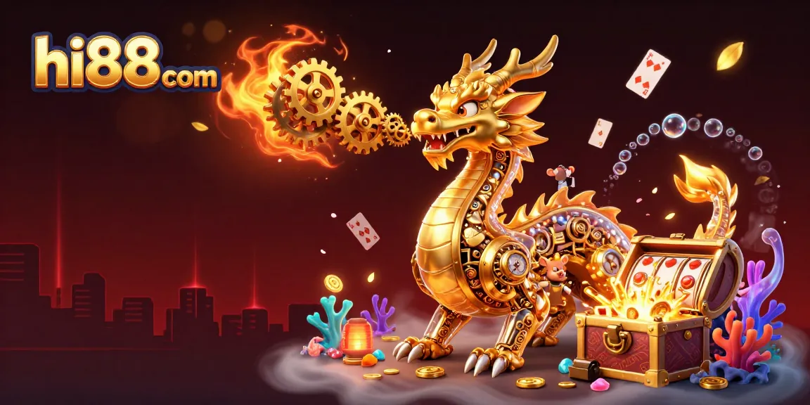 Experience thrilling gameplay at hi88com with gold coins, a dragon, and floating cards in this vibrant illustration.