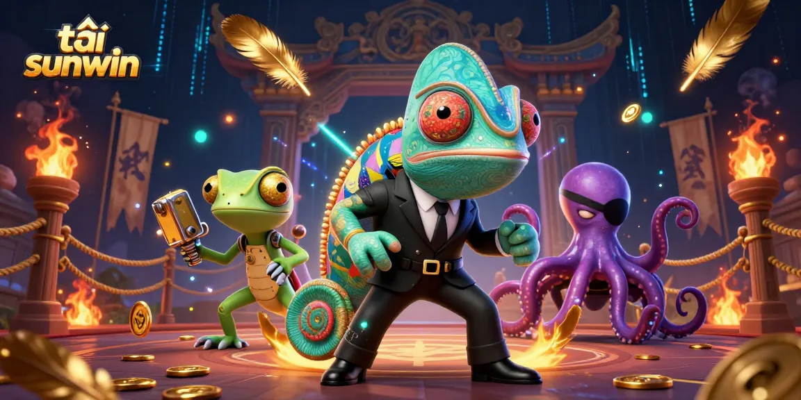 Experience the excitement with tải sunwin as the chameleon agent battles amidst swirling gold coins and vibrant casino elements.