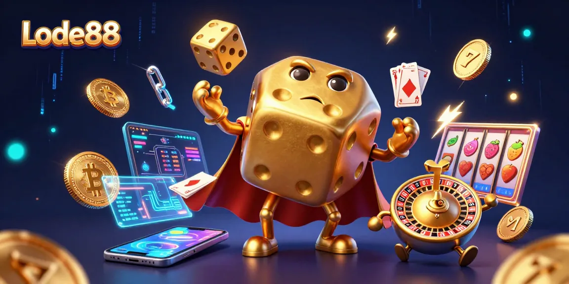 Lode88 features an engaging scene with lively 3D characters, golden dice, and crypto symbols.