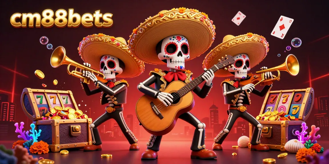 Experience the excitement of cm88bets with vibrant 3D skeleton mariachi band amidst colorful slot reels and gems.