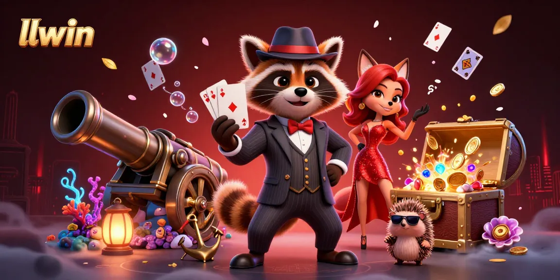 Engage in thrilling gaming action at llwin with a suave raccoon, charming fox, and vibrant casino elements.