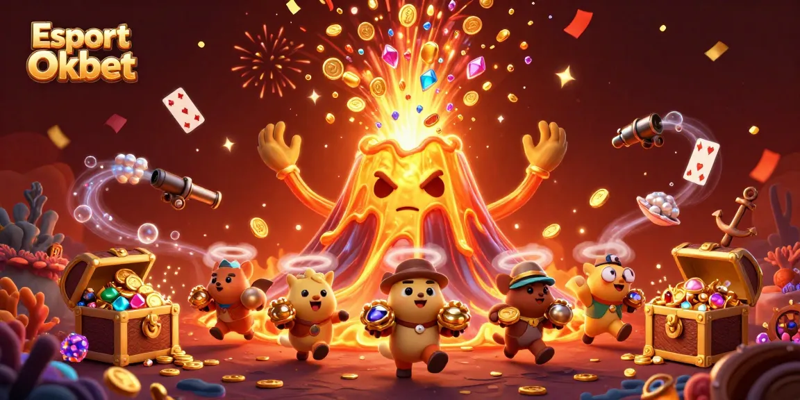 Experience the excitement of Esport Oxbet with a dynamic casino-themed illustration featuring treasures and festive elements.