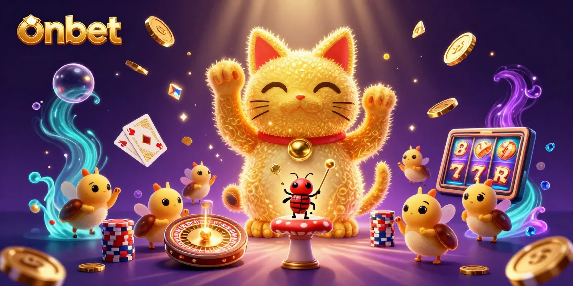 Engage with onbet's vibrant casino world featuring a lucky cat surrounded by animated gaming symbols.