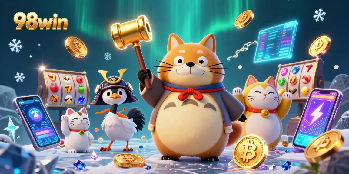 Engage with the exciting 98win casino experience featuring a cheerful tanuki, samurai crane, and colorful maneki-neko.