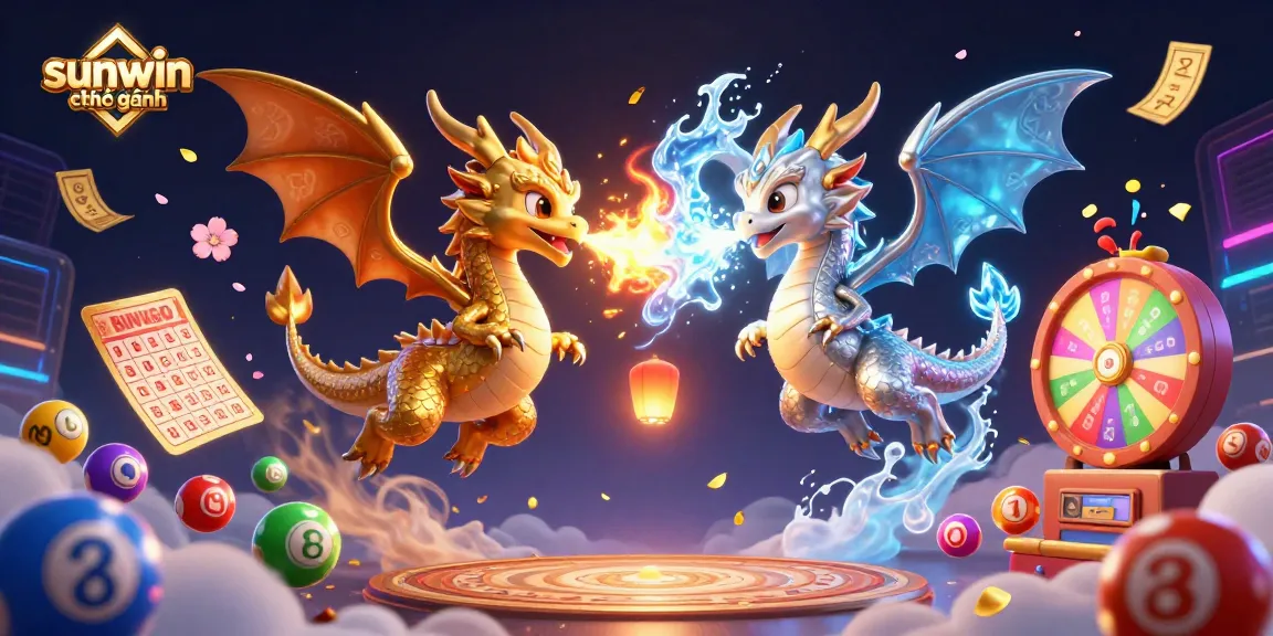 Win with sunwin chính hãng in a vibrant lottery-themed scene featuring magical dragons.