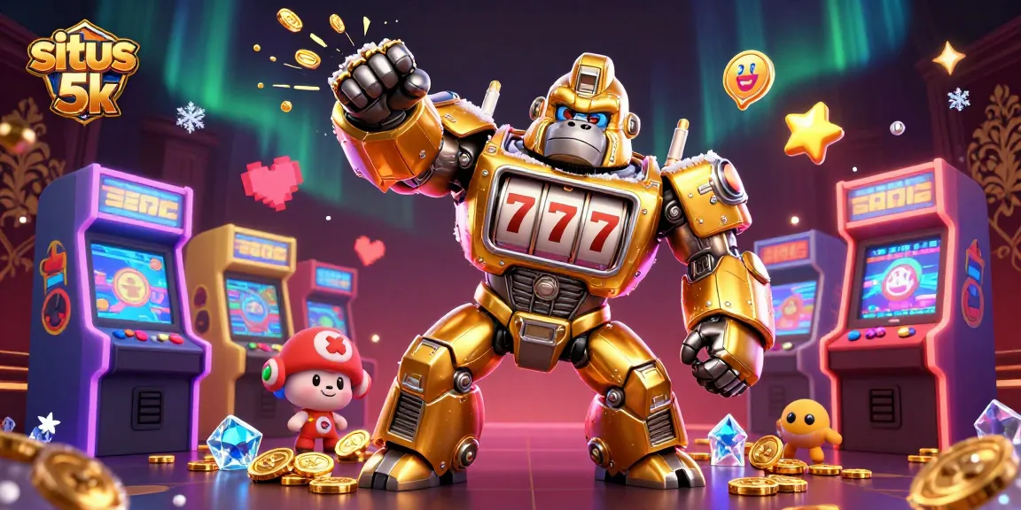Engage in excitement at situs 5k with a golden gorilla mech amidst colorful casino gameplay elements.