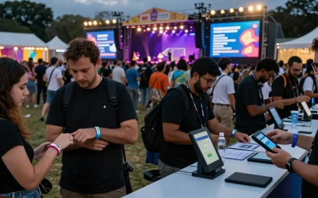 Engaged attendees using pulseras NFC para eventos for seamless access and payments at a vibrant festival.