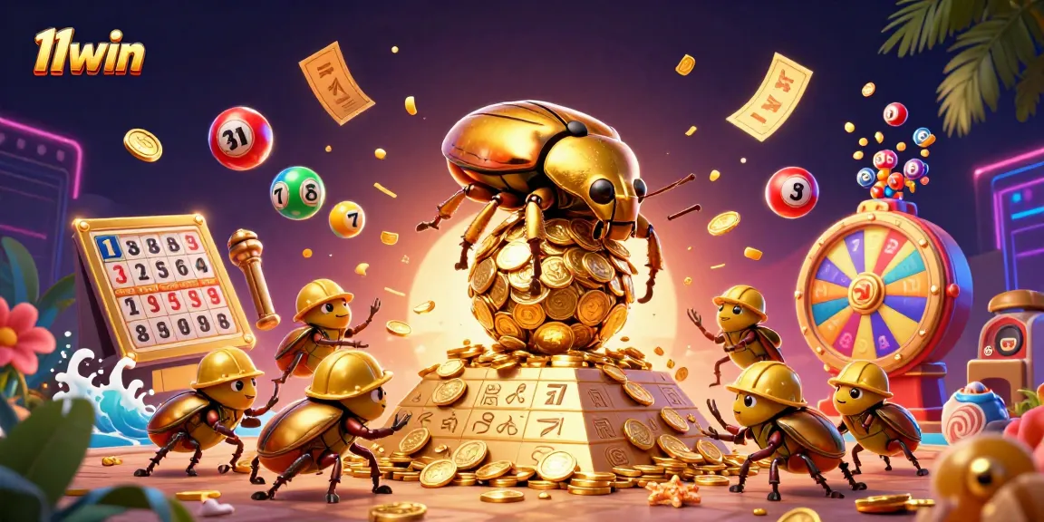 Experience thrilling gameplay with 11win's colorful casino-themed illustration showcasing golden elements.