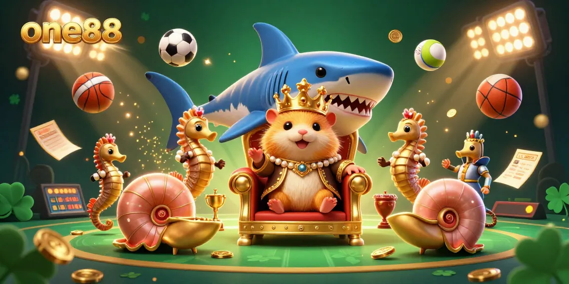 Experience thrilling sports betting action with one88 in a lively 3D scene featuring a golden hamster king and dynamic sports elements.