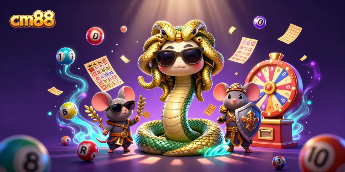 Exciting cm88 gaming scene showcasing vibrant lottery elements and whimsical characters like Medusa and a warrior mouse.