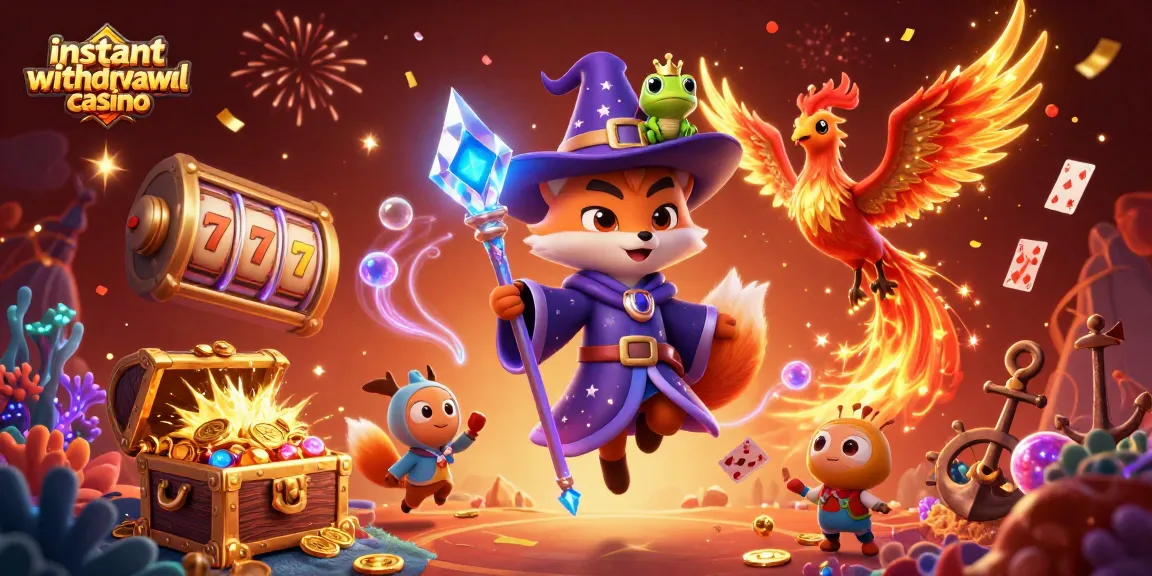 Experience the excitement of instant withdrawal casino with a dynamic 3D illustration showcasing fast payouts and casino magic.