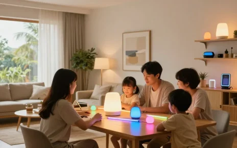 Aplica LED modernă, iluminând un interior de living, familie admirând produsele