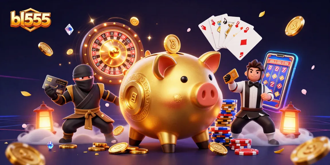 Experience the thrill of winning at bl555 with a dynamic 3D illustration showcasing vibrant casino elements and characters.