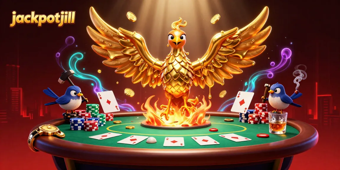 Experience fortune at jackpotjill with a dazzling scene of vibrant poker actions and a molten phoenix.