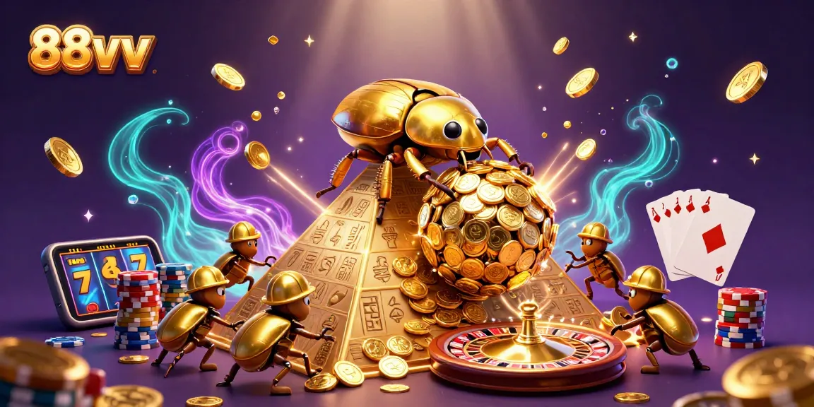 Engage with 88vv's vibrant casino adventure featuring golden beetles rolling coins amidst glowing, dynamic gambling elements.