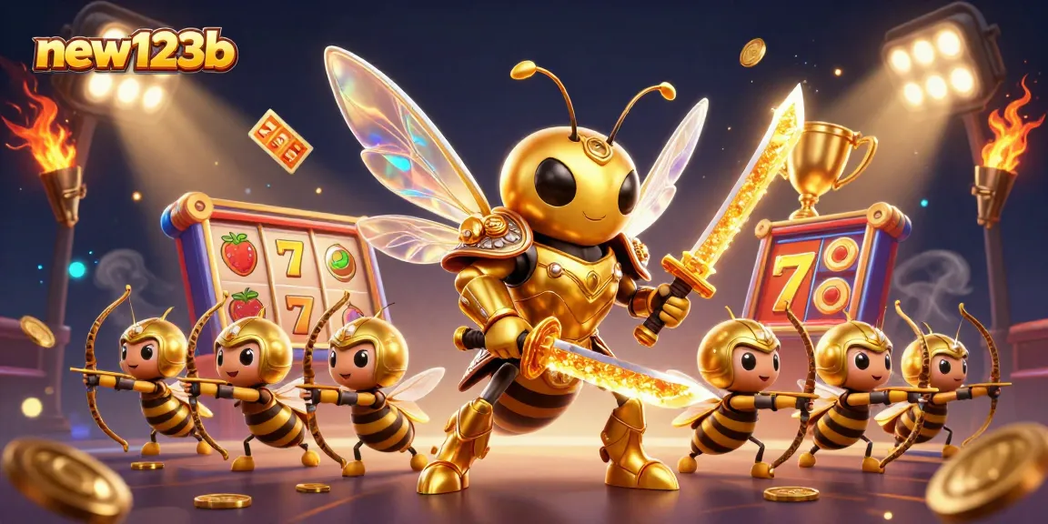 Experience winning strategies with new123b's vibrant casino illustration featuring epic slots and energetic characters.