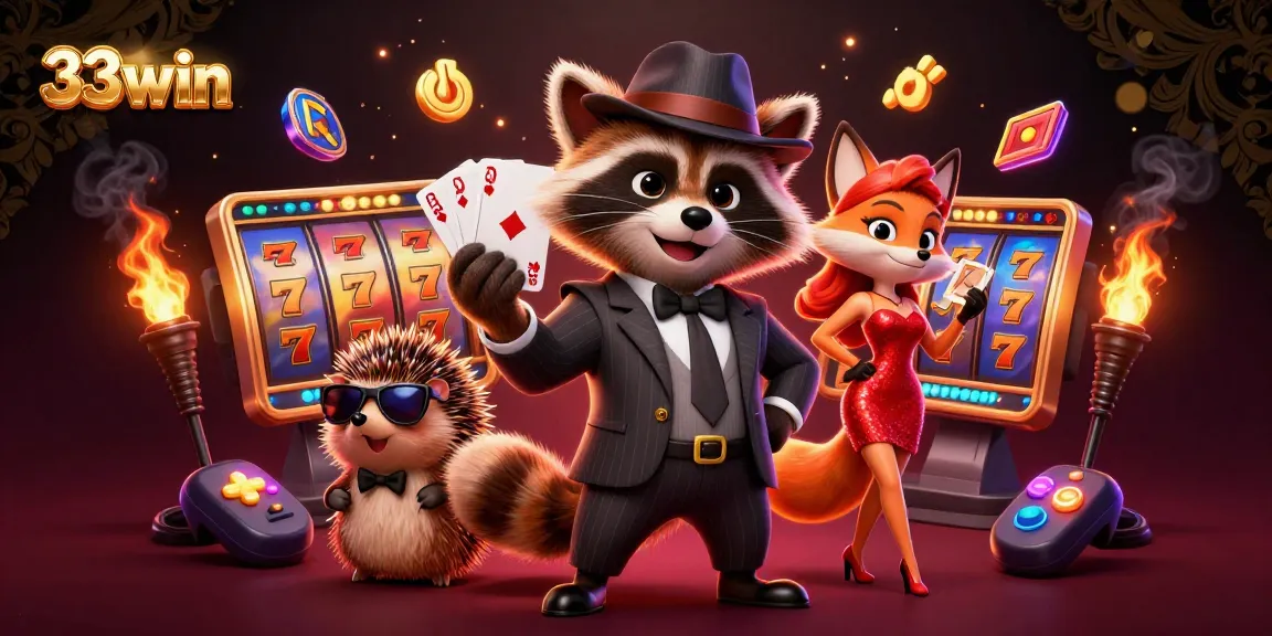 Experience thrilling gameplay at 33win with a raccoon, fox, and hedgehog set in a vibrant casino scene full of slot reels.