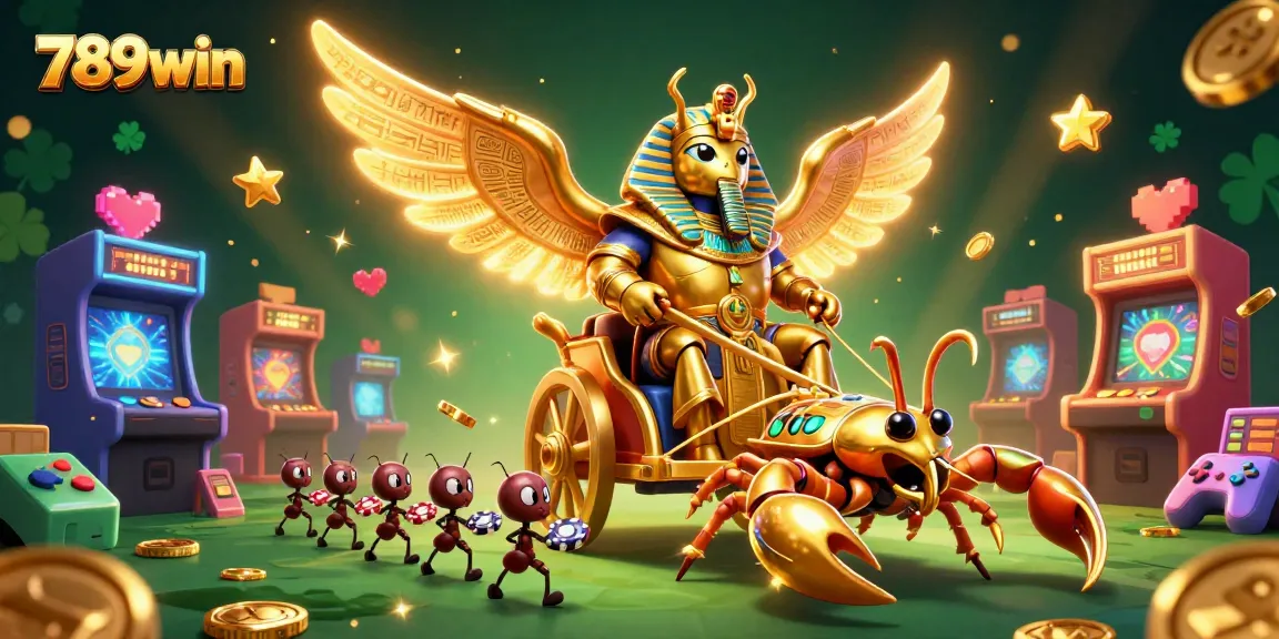 Experience winning excitement with 789win's vibrant casino gaming scene featuring a golden scarab beetle.
